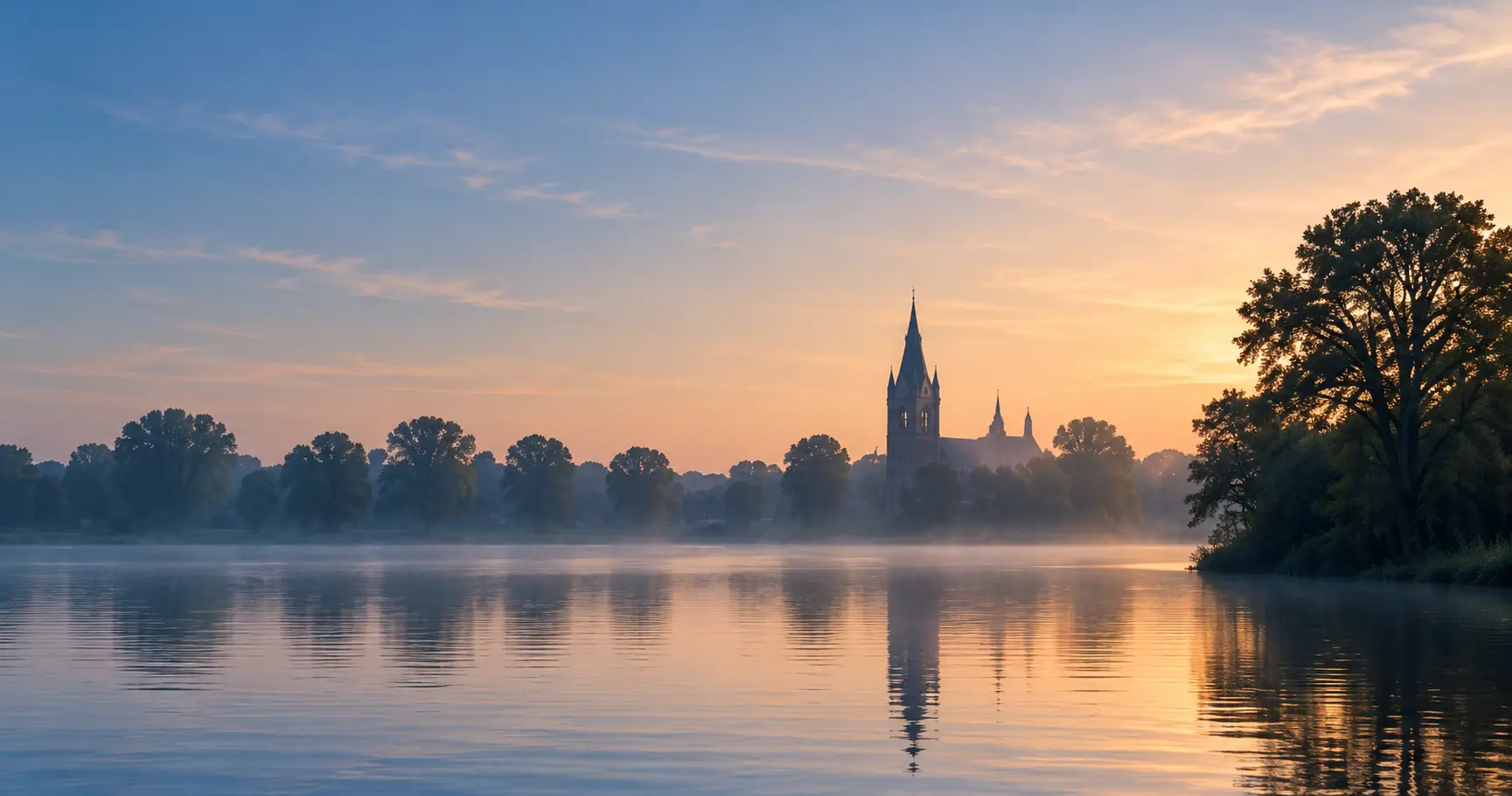 Een rustige rivier met een kerktoren aan de overkant in het ochtendlicht